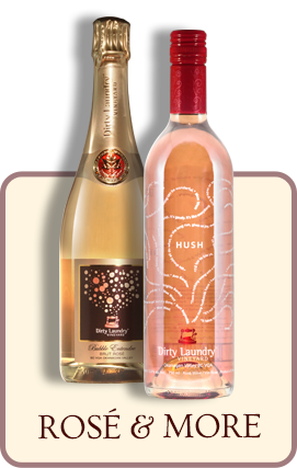 A bottle of rosé wine is next to a bottle of champagne.