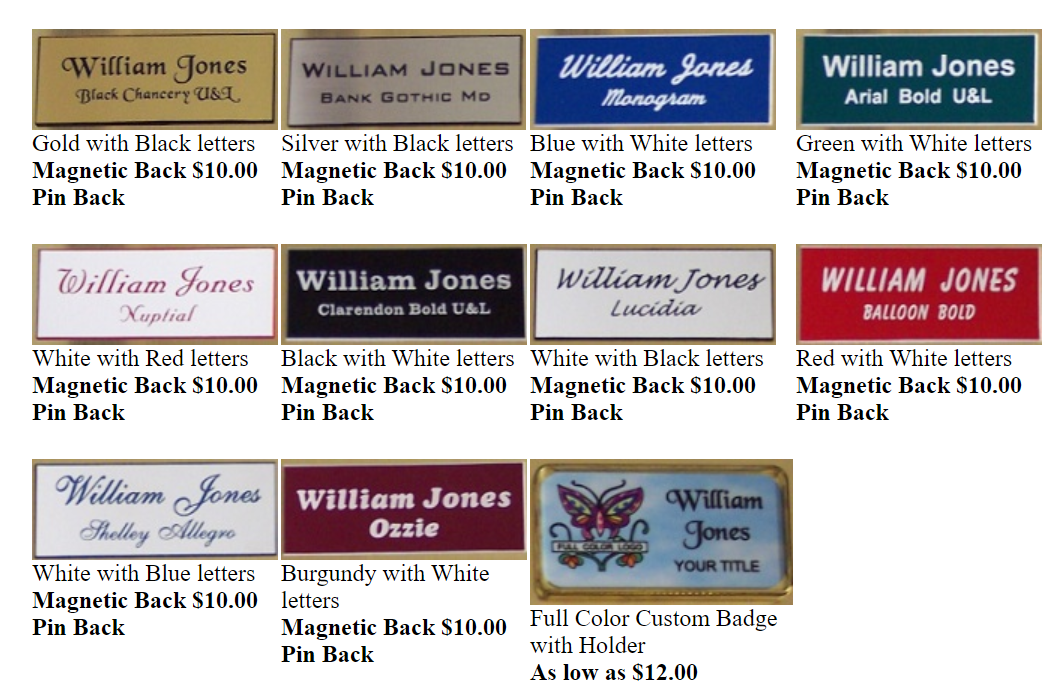 Magnetic back plate with prices — Easley, SC — TU Engraving & Awards