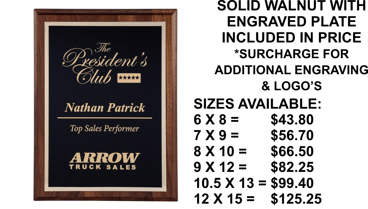 Walnut plaques — Easley, SC — TU Engraving & Awards