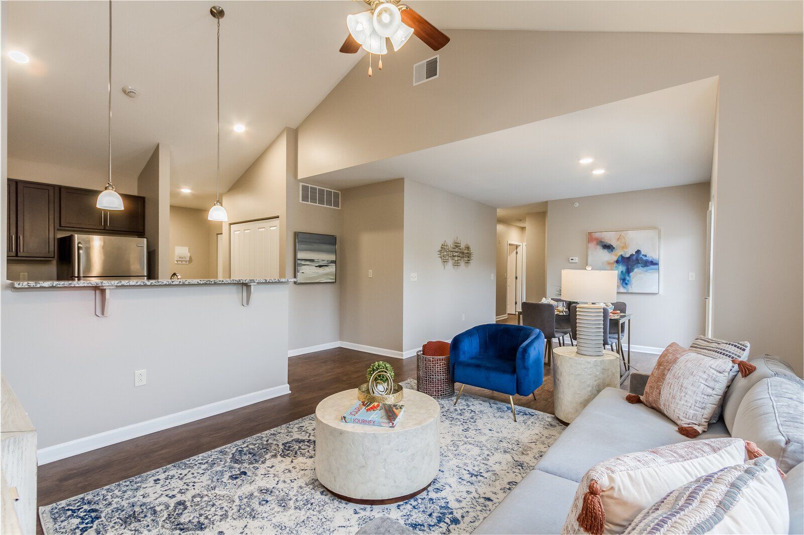 Open concept living room with vaulted ceilings