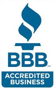 The bbb logo is blue and white and says accredited business.