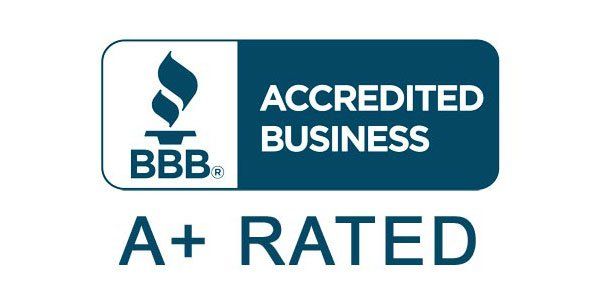 A blue and white logo that says accredited business a + rated