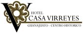 Logotipo del Hotel Casa Virreyes con emblema floral marrón y texto “Guanajuato - Centro Histórico”