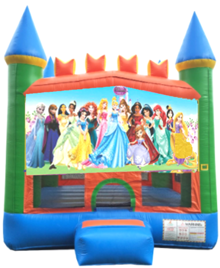A bouncy house with a picture of princesses on it