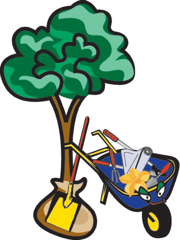 Clay's Clippers blue wheelbarrow and tree with supplies custom image
