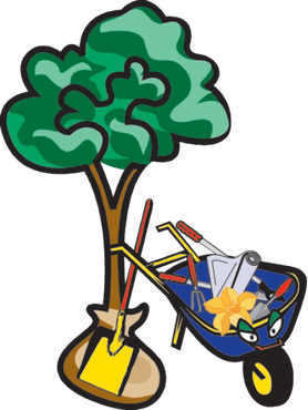 Blue wheelbarrow and tree next to landscaping tools and supplies