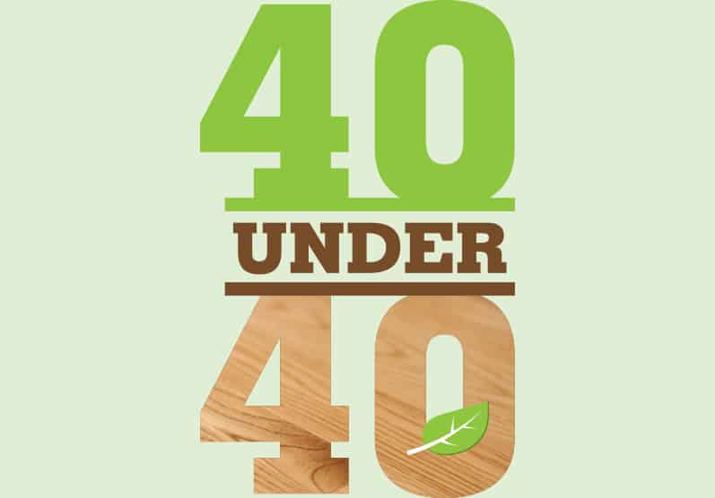 40 Under 40 logo in green and wood texture on a light background