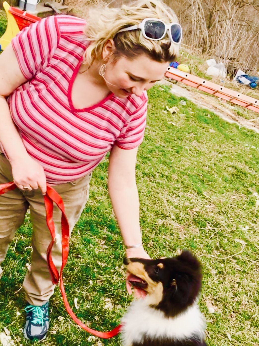 Woman in pink striped shirt petting a black and white dog on a grassy field.