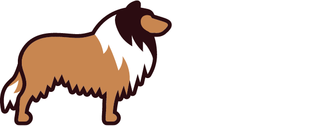 Cartoon collie dog in brown, white, and black, standing in profile, facing right.