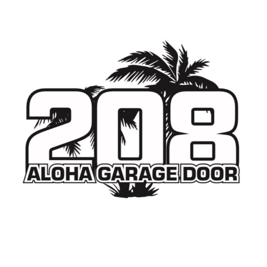 A black and white logo for 208 Aloha Garage Door