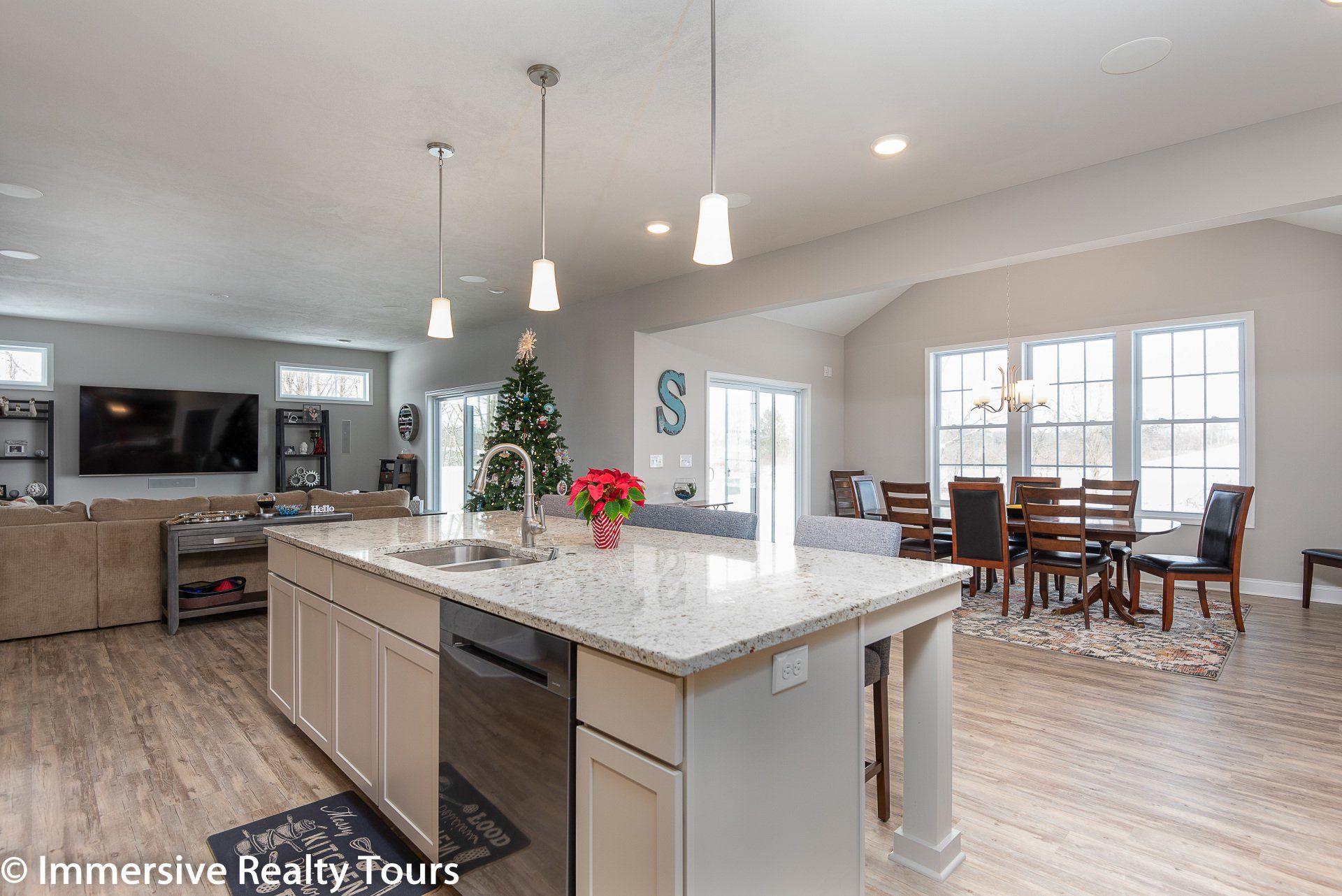 Kitchen with island and dining room
