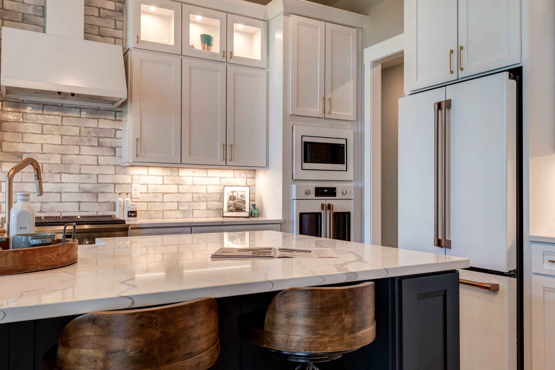kitchen island and white appliances
