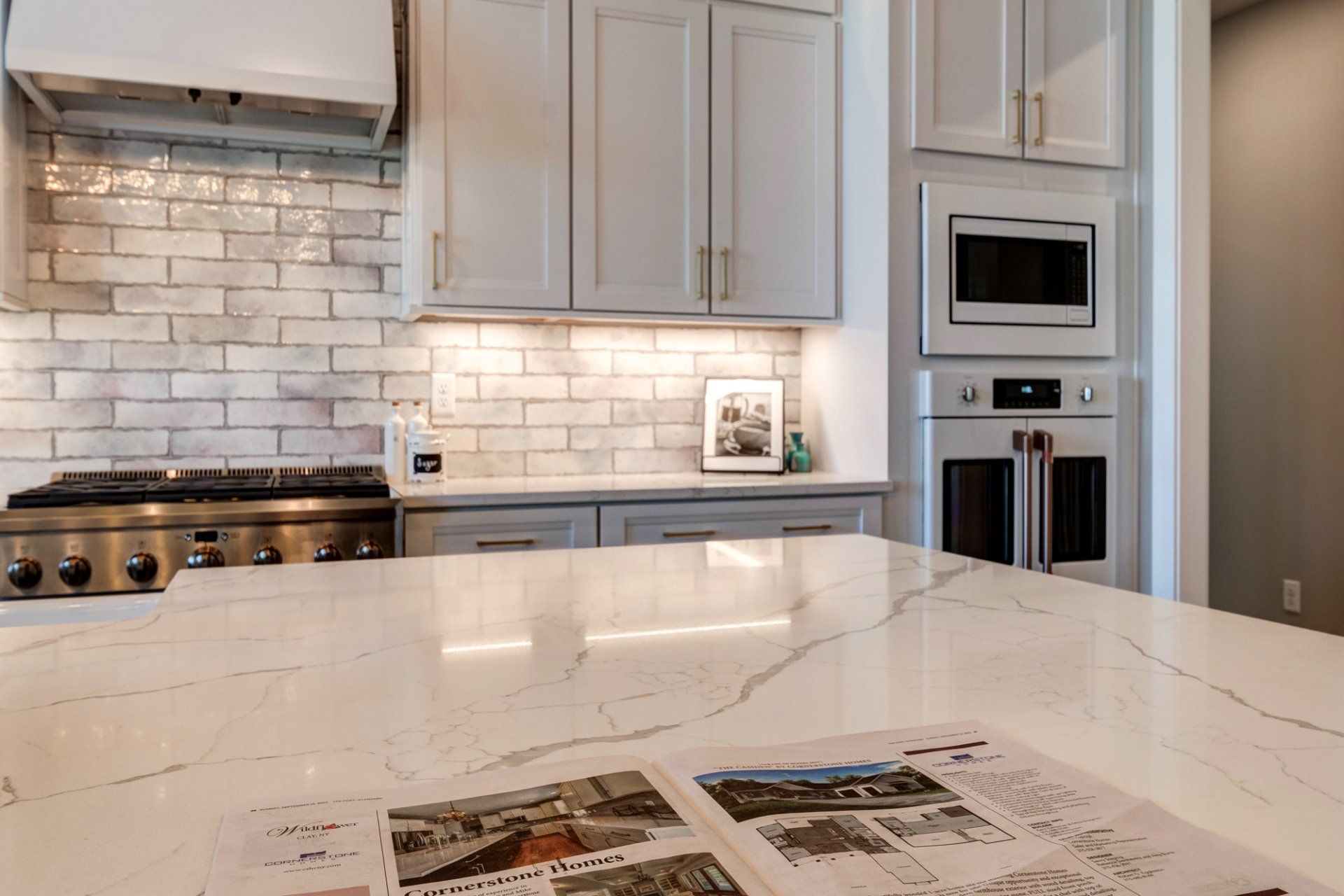 kitchen island and white appliances