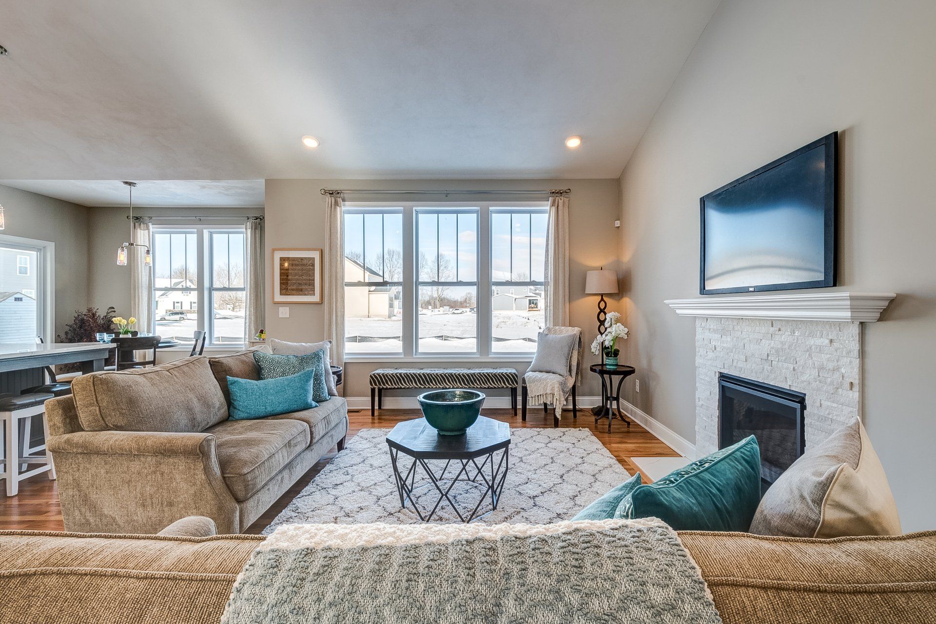 living room with 2 couches and fireplace
