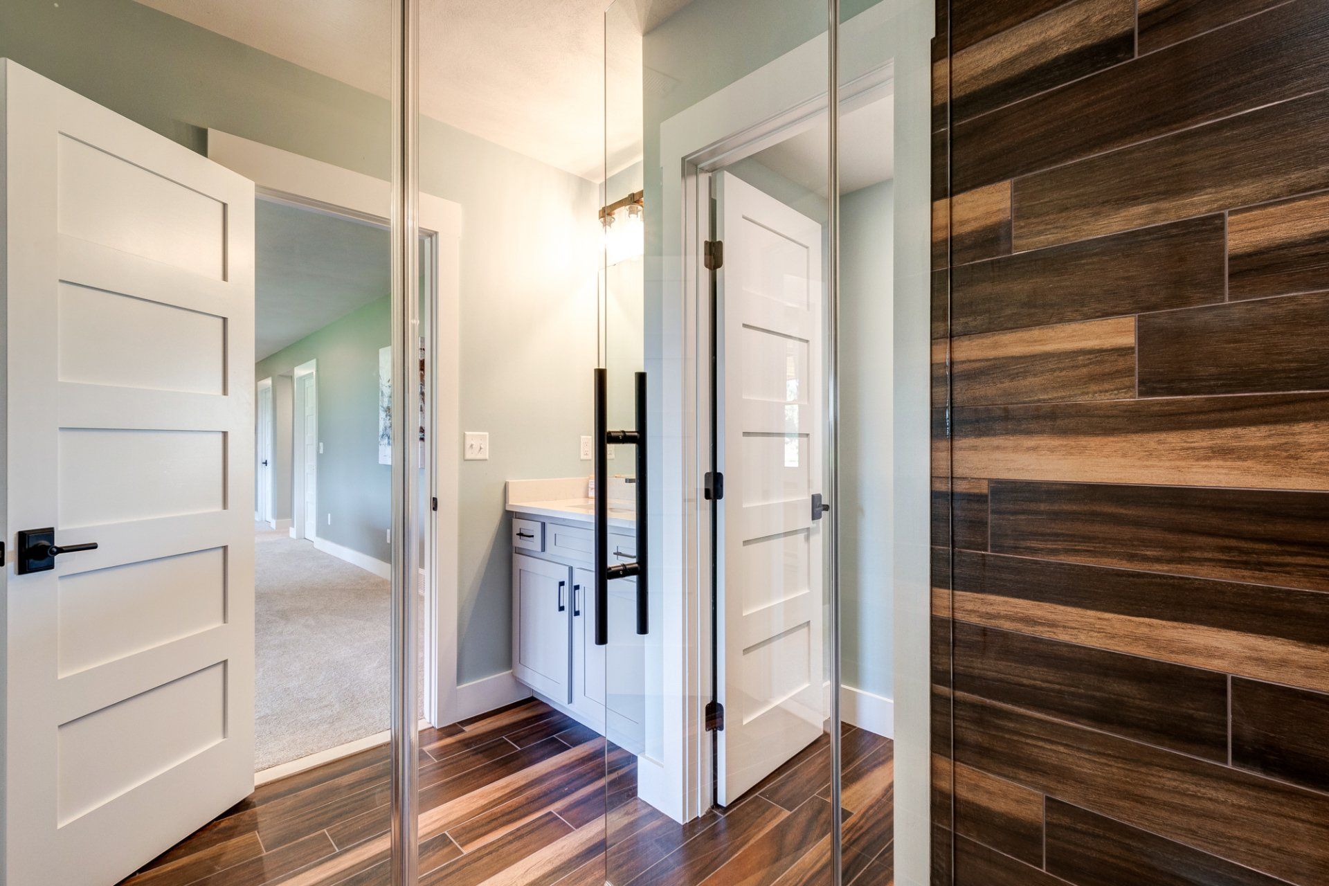 tile shower with glass door