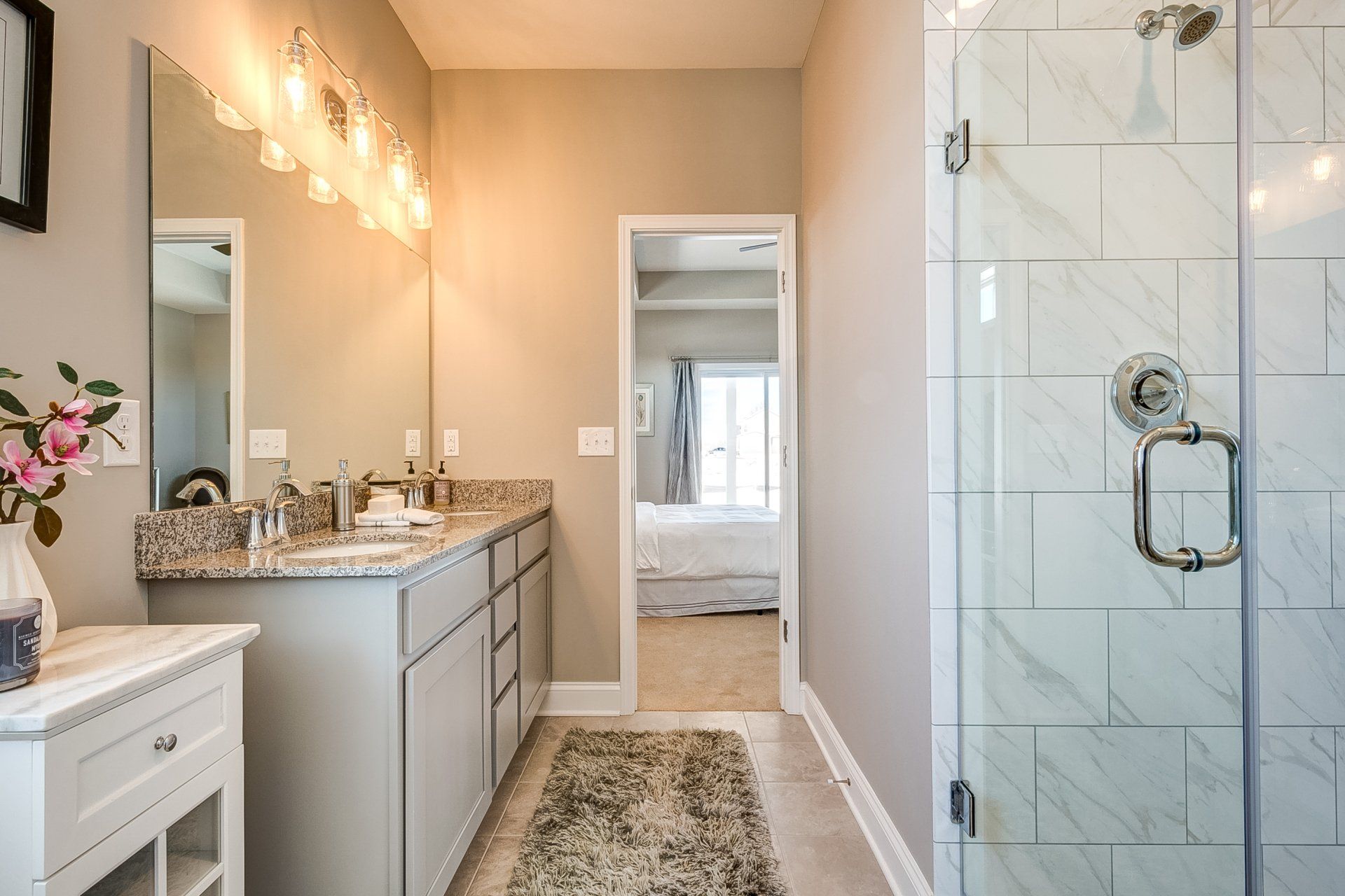 double vanity and tile shower