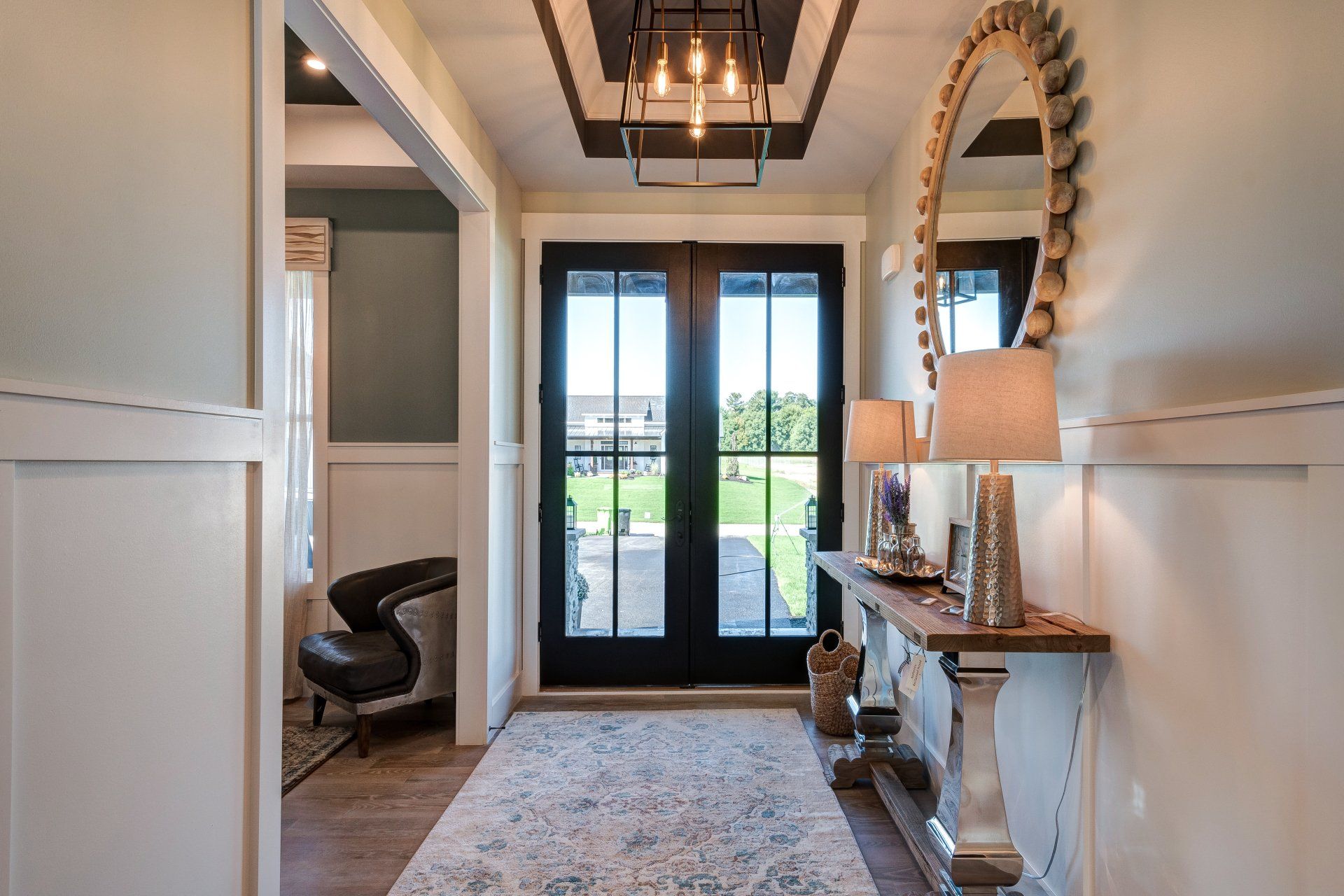 Front entryway with recessed ceiling and French doors
