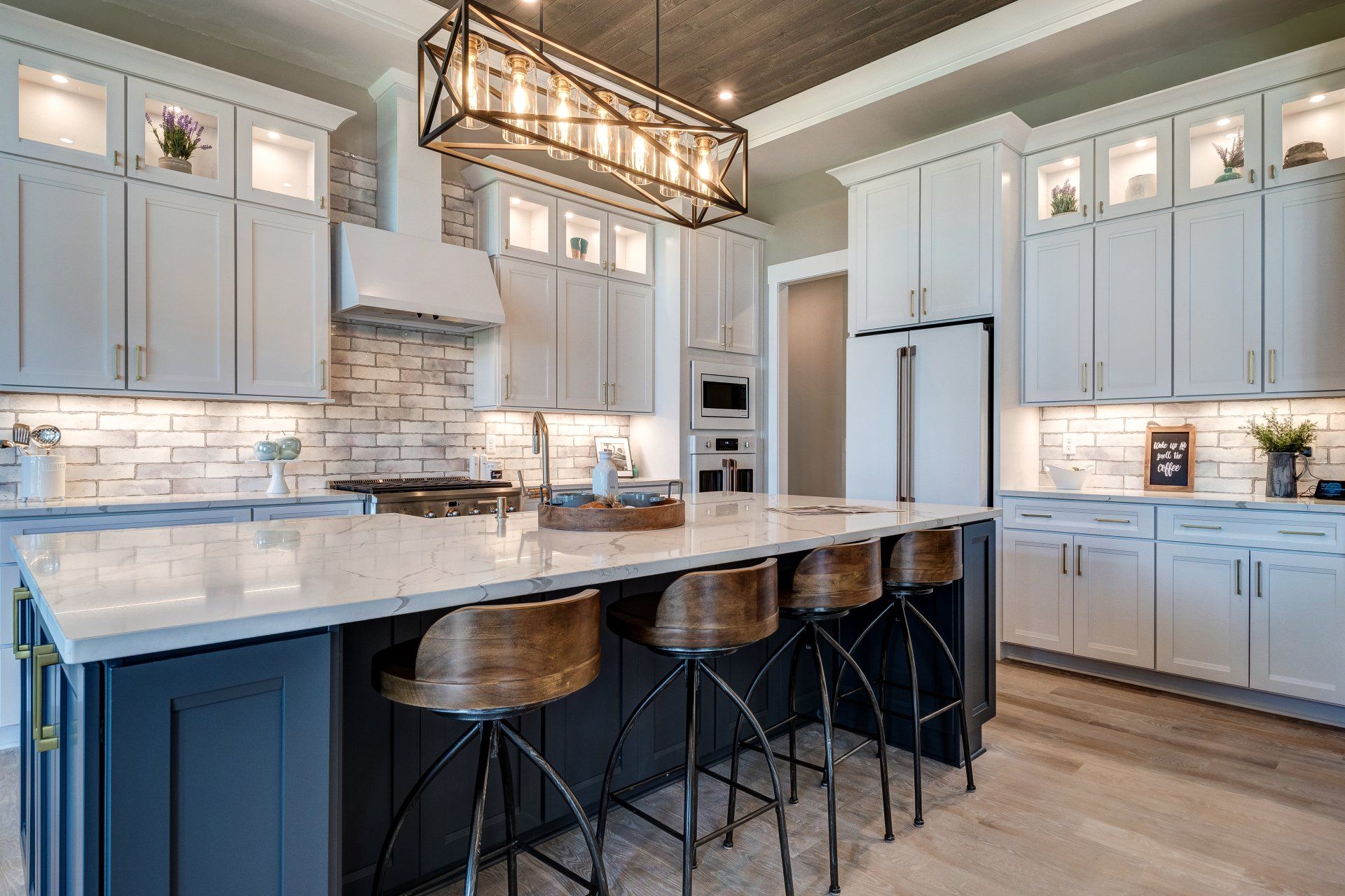 geometric light fixture over island