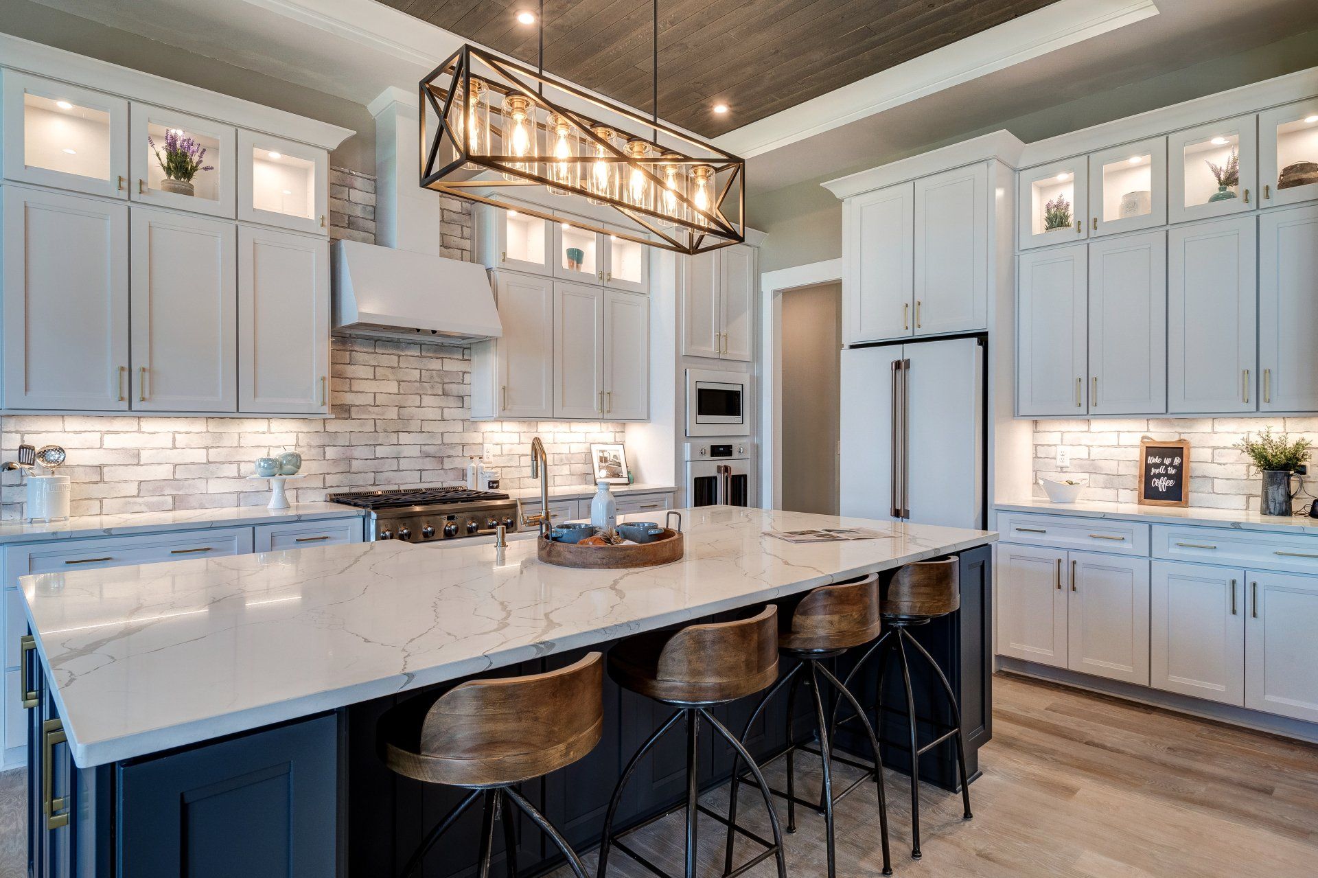 geometric light fixture over island