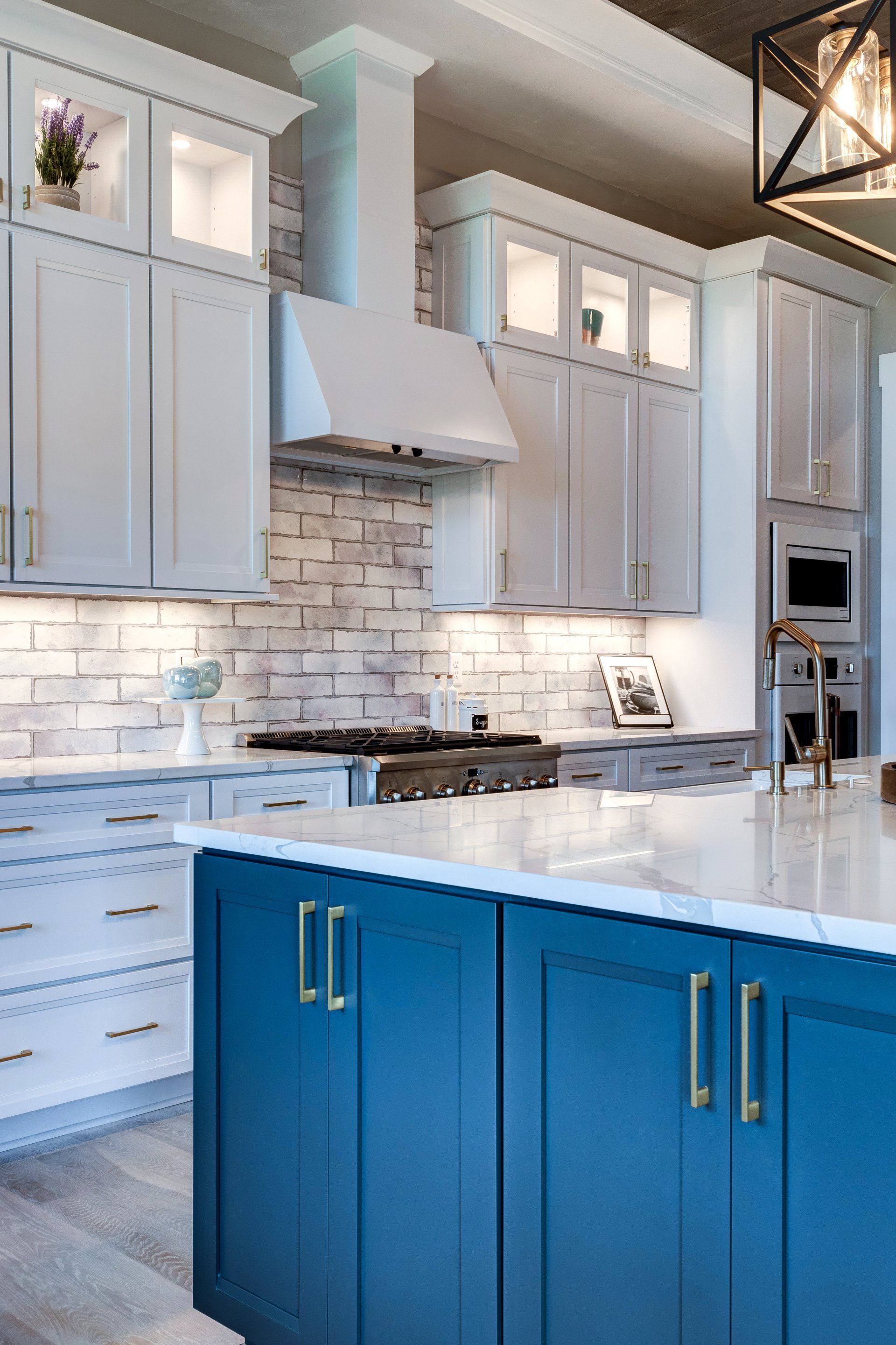 blue island cabinets in white kitchen