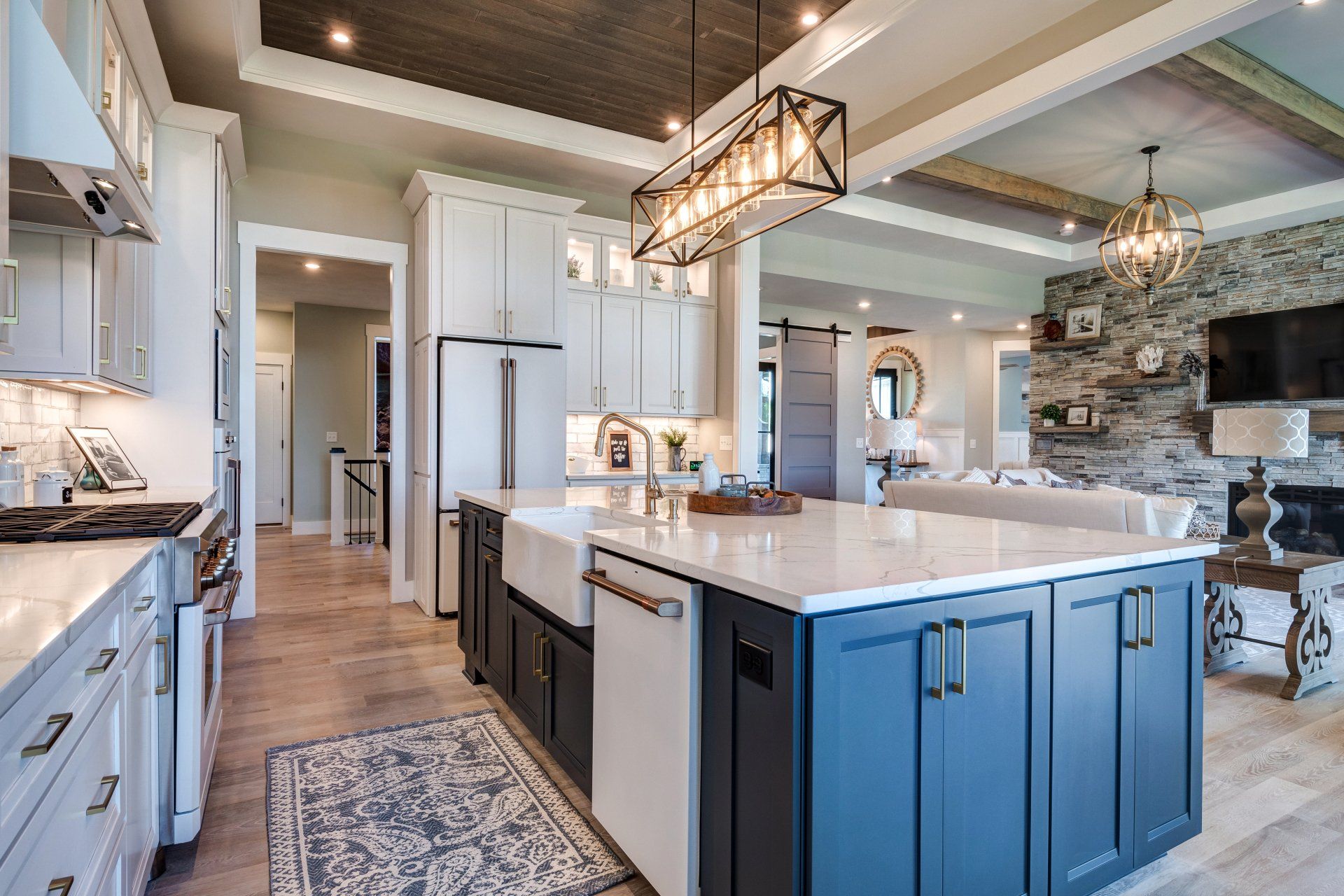 kitchen with living room in background