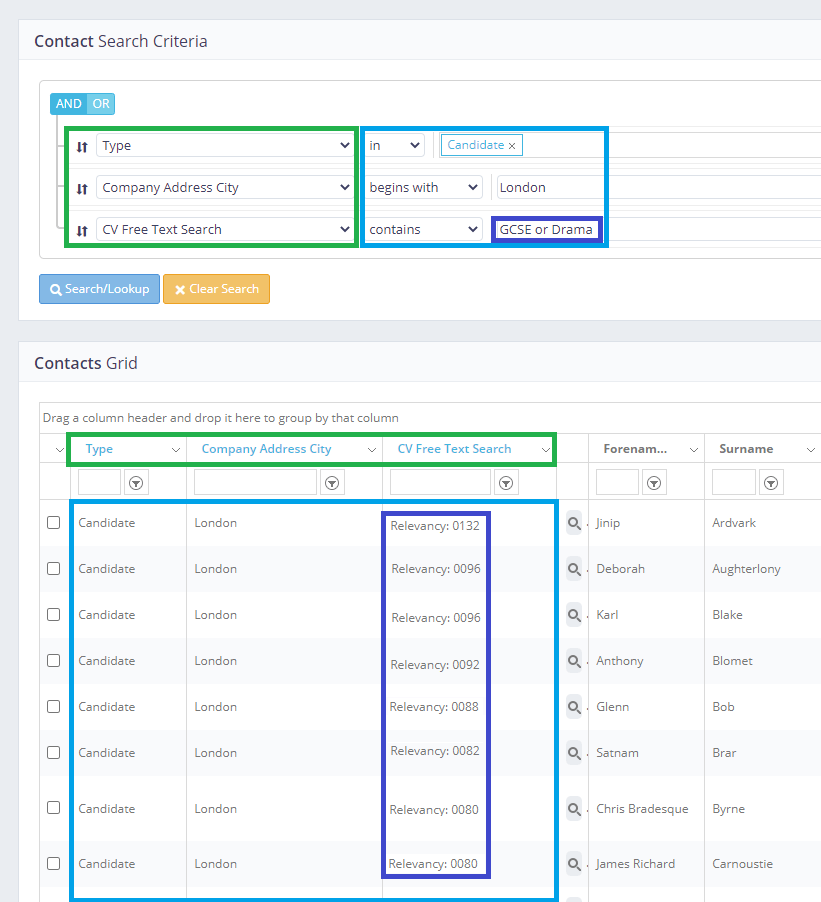 A screenshot of a web page showing a contact search criteria.