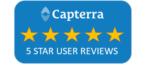 A blue sign that says capterra 5 star user reviews
