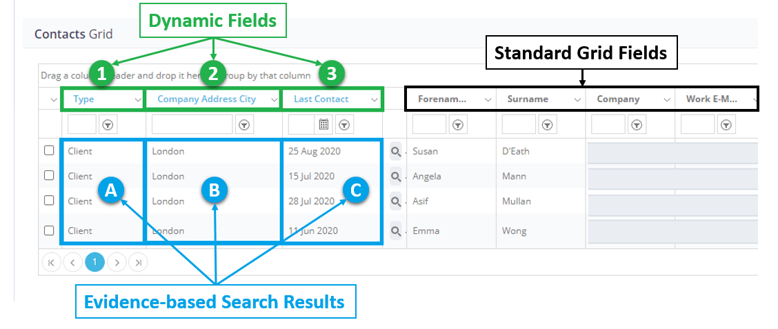 A diagram of dynamic fields and standard grid fields