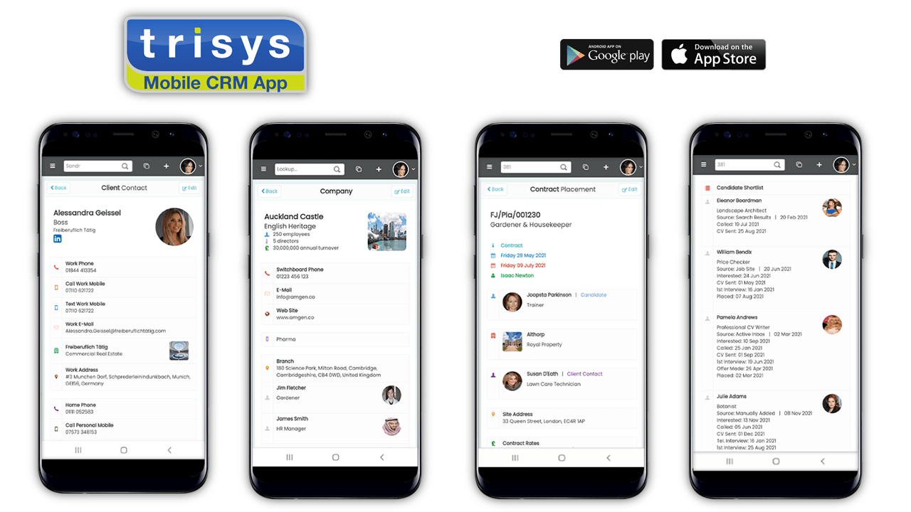 A row of cell phones displaying different screens of a mobile crm app.