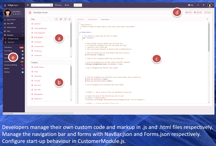 Developers manage their own custom code and markup in js and html files respectively