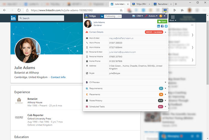A computer screen shows a linkedin profile of a woman