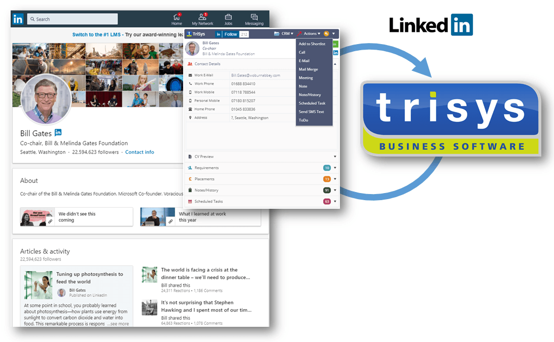 A computer screen with a linkedin logo and a trisys logo
