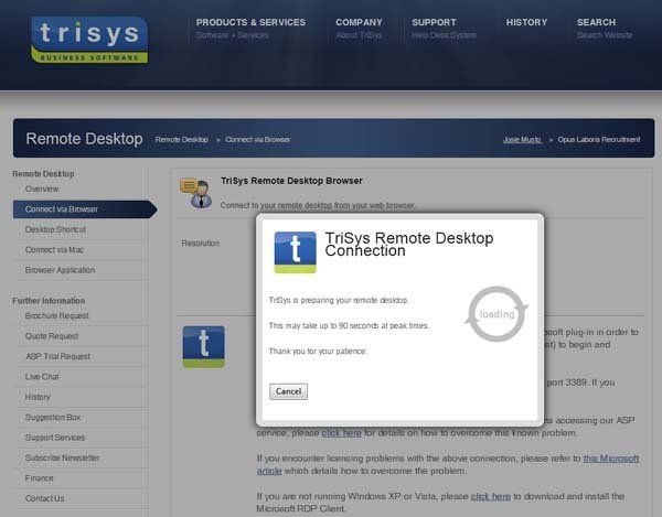 A screen shot of a website for trisys remote desktop