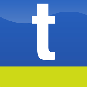 The letter t is on a blue and yellow background