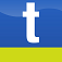 The letter t is on a blue and yellow background.
