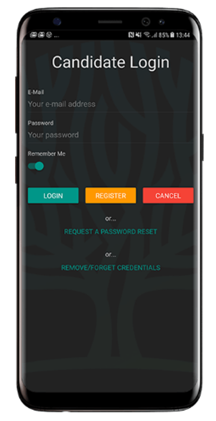 A cell phone with a candidate login screen on it.