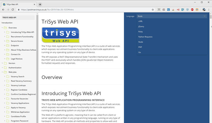 A computer screen is open to a page that says trisys web api.