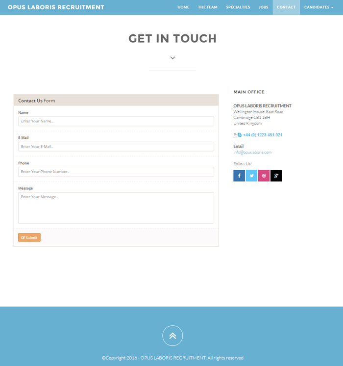 A screenshot of a website that says `` get in touch ''.