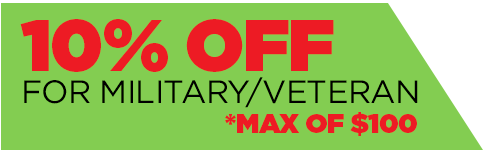 A green sign that says `` 10 % off for military / veteran ''