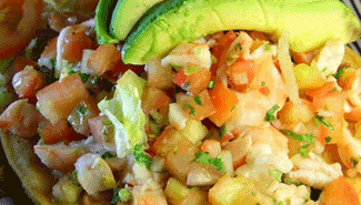 Fish Ceviche Tostada Shrimp ceviche with diced tomatoes, onions, and avocado on a tostada. health mexican food, Ricardo's Place San Juan Capistrano 92675