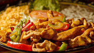 Grilled Chicken With Onions and Peppers Chicken fajitas with peppers and onions, served with rice, guacamole, and rice on a plate. mexican cuisine, Ricardo's Place San Juan Capistrano 92675