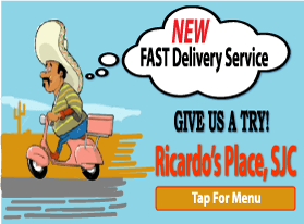 Ricardo's Place advertisement: A cartoon man on a scooter offers fast delivery service.  mexican food | restaurants that deliver near me | Ricardo's Place