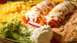 Plate of enchiladas, rice, beans, guacamole, lettuce, sour cream, and a radish slice.  best restaurants near me |  lunch and daily specials