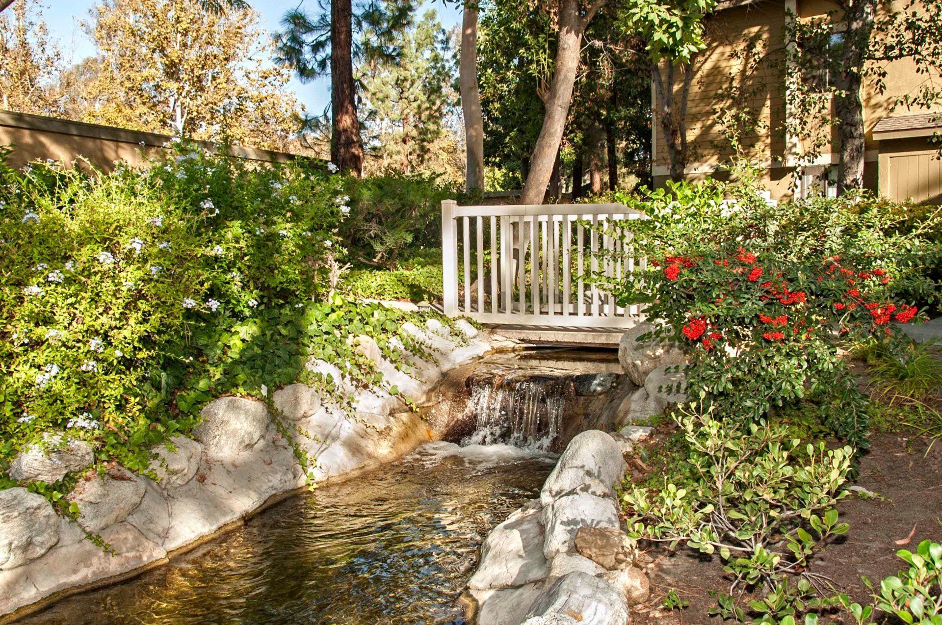 Stream with waterfall and bridge