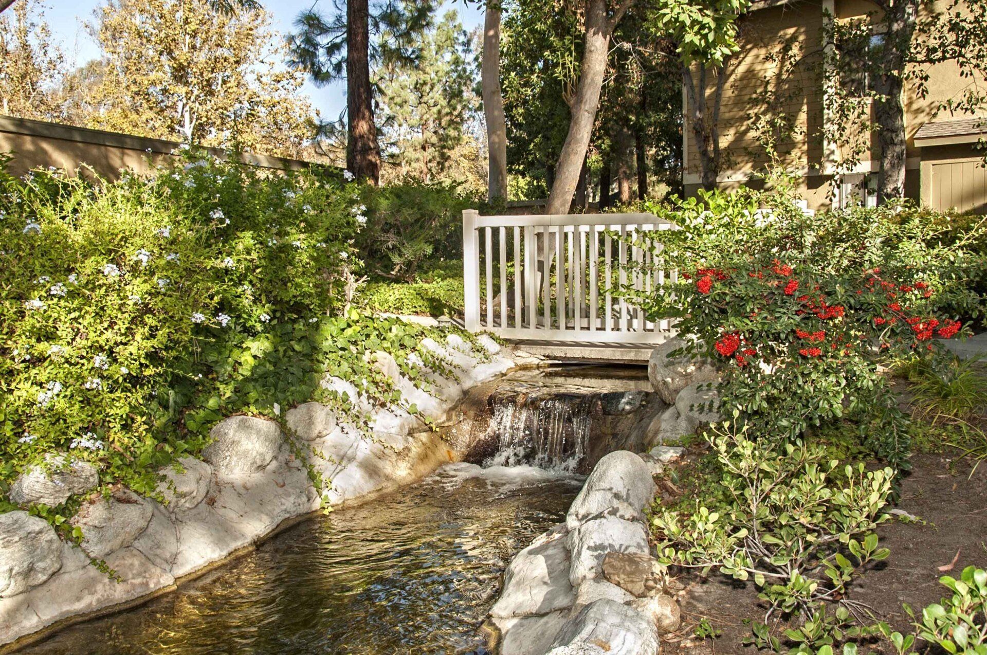 Photo of stream with waterfall and bridge