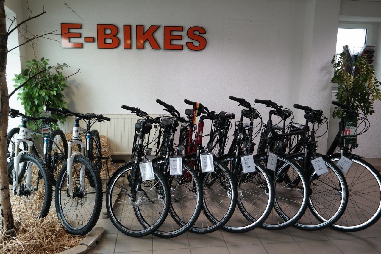 In einem Laden standen mehrere E-Bikes in einer Reihe, an der Wand hing ein Schild mit der Aufschrift E-BIKES.