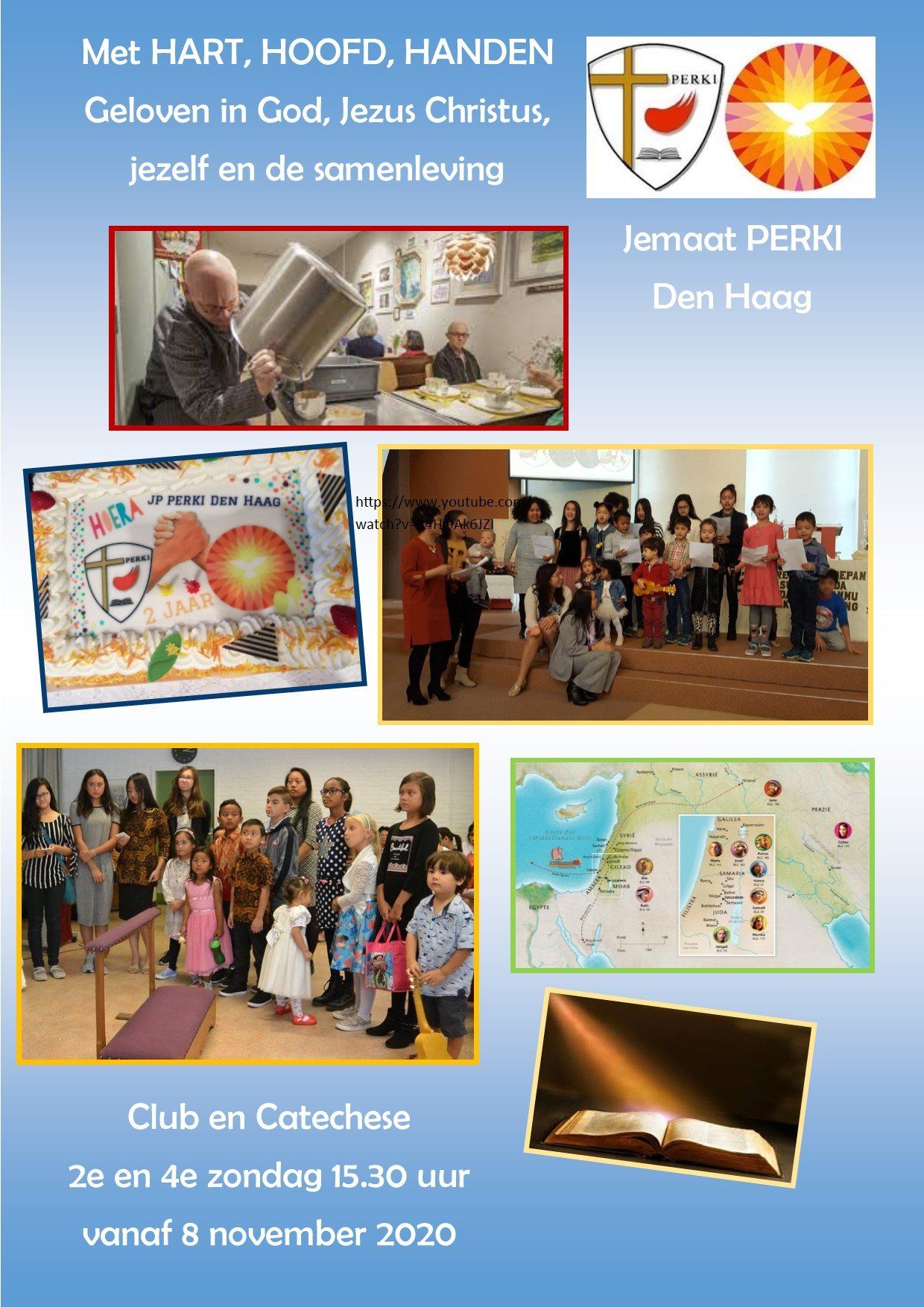 Flyer voor Jamoat PERKI, Den Haag. Toont foto's van mensen, het kerklogo en tekst over geloof, de club en catechese.