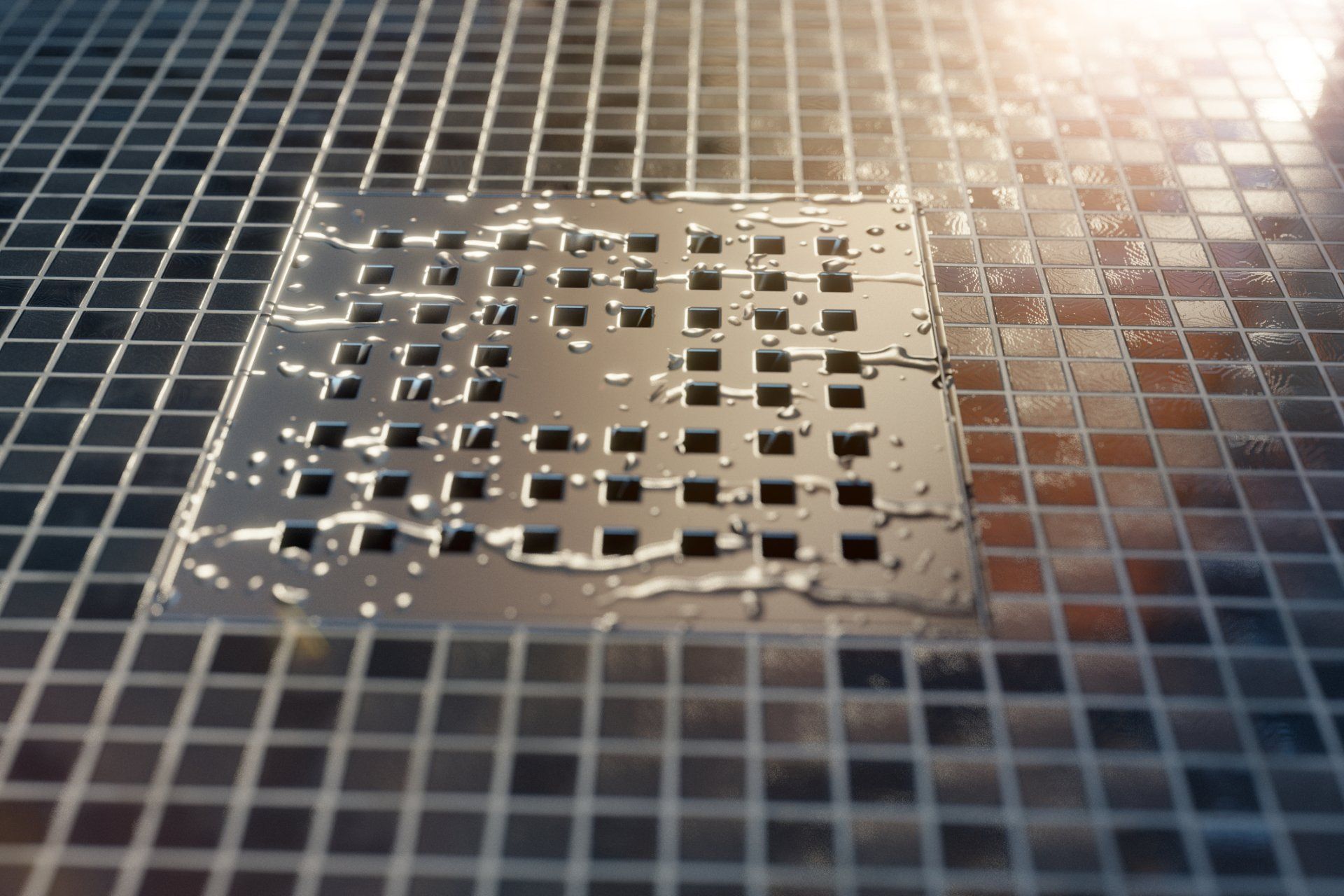 Close-up of a wet shower drain with square tiles, ideal for modern bathroom renovations in Louisville, KY.