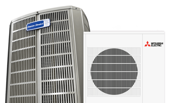 Large HVAC outdoor units, one gray and one white with a circular fan grille and red logo.