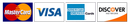 Logos for Mastercard, Visa, American Express, and Discover credit cards.